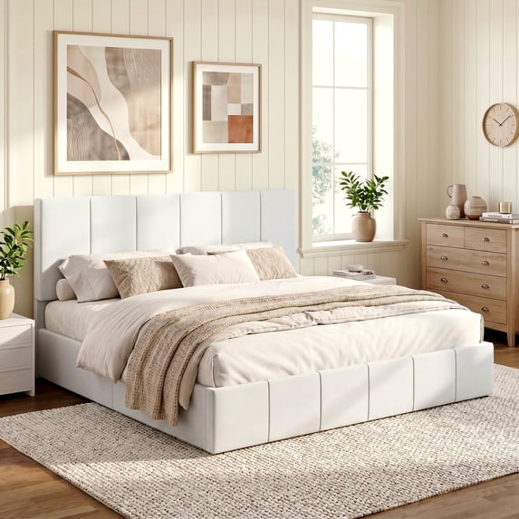Einfach King Size Bed Frame, Upholstered Platform Bed with Height Adjustable Headboard, Easy Assembly, Noise-Free, White