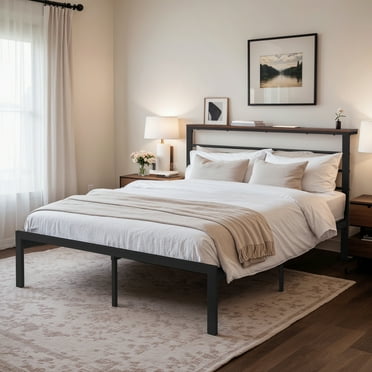 Einfach King Size Bed Frame with Shelves Headboard, Brown