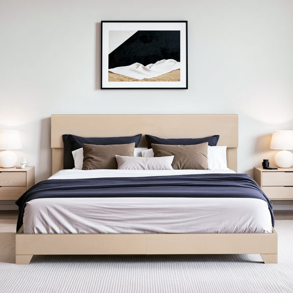 Einfach King Size Beige Fabric Upholstered Bed Frame with Adjustable Headboard, No Box Spring Needed, Low