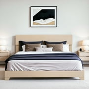 Einfach King Size Beige Fabric Upholstered Bed Frame with Adjustable Headboard, No Box Spring Needed, Low