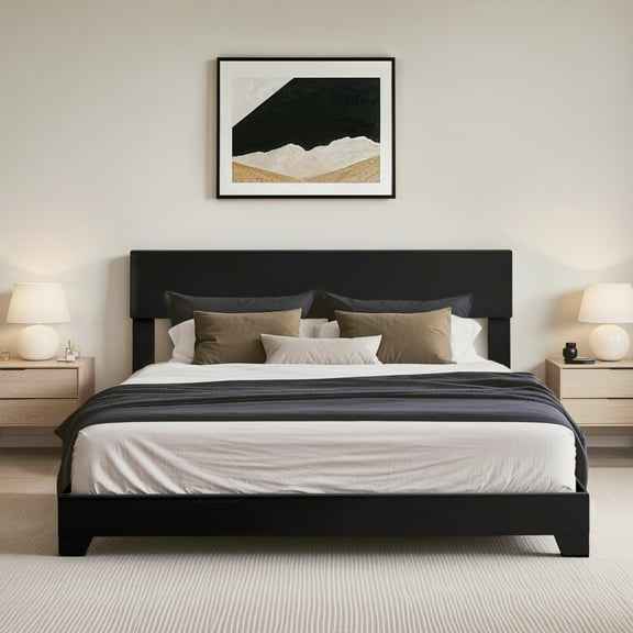 Einfach King Size Black Leather Upholstered Bed Frame with Adjustable Headboard, No Box Spring Needed, Low