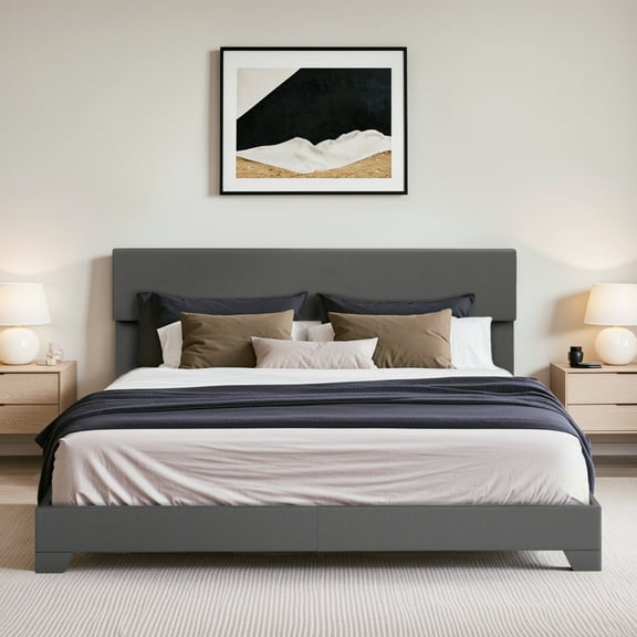 Einfach King Size Fabric Upholstered Bed Frame with Adjustable Headboard, No Box Spring Needed, Deep Grey, Low