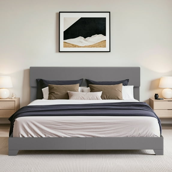 Einfach King Size Grey Fabric Upholstered Bed Frame with Adjustable Headboard, No Box Spring Needed, Low