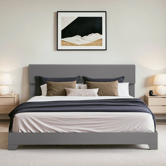 Einfach King Size Grey Fabric Upholstered Bed Frame with Adjustable Headboard, No Box Spring Needed, Low