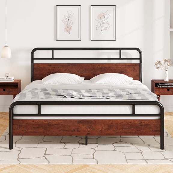 Einfach King Size Heavy Metal Bed Frame Headboard and Footboard, Dark Brown