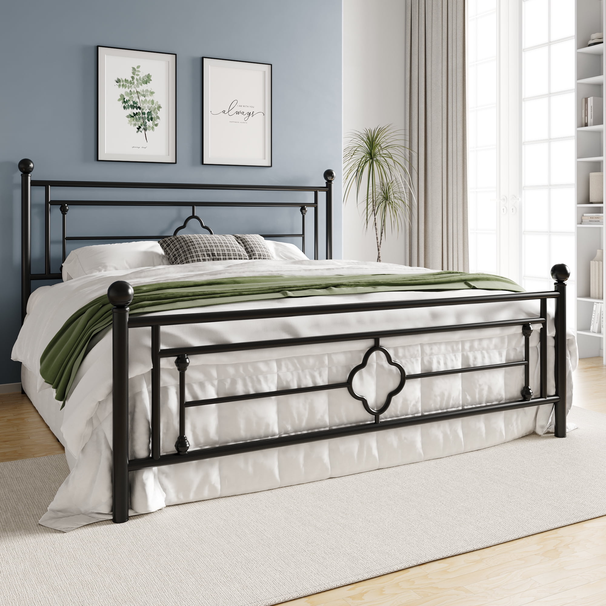 King Size Black Metal Platform Bed with Vintage Headboard
