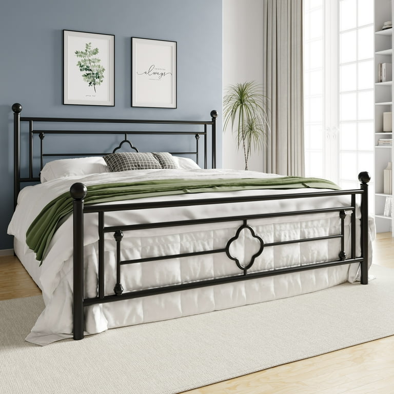 Einfach King Size Heavy Metal Bed with Vintage Headboard Pattern Black