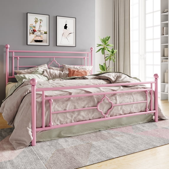 Einfach King Size Heavy Metal Bed with Vintage Headboard Pattern, Pink