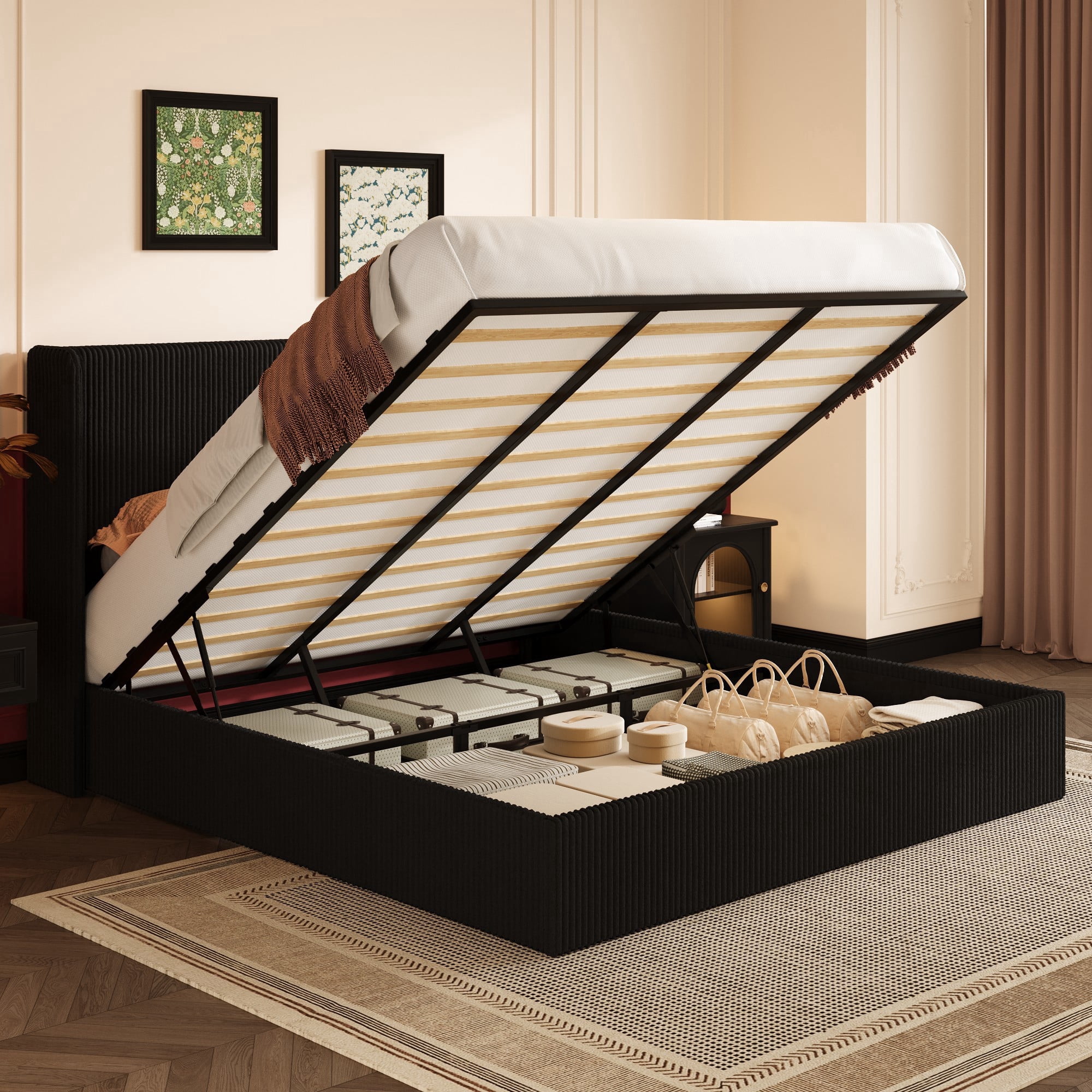 Einfach King Size Hydraulic Lift Up Storage Bed Frame, Corduroy Upholstered Wingback Headboard, Ample Under-bed Storage, Black