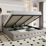Einfach King Size Lift up Platform Storage Bed Frame with Fabric Upholstered Wingback Button Tufted Headboard, Beige