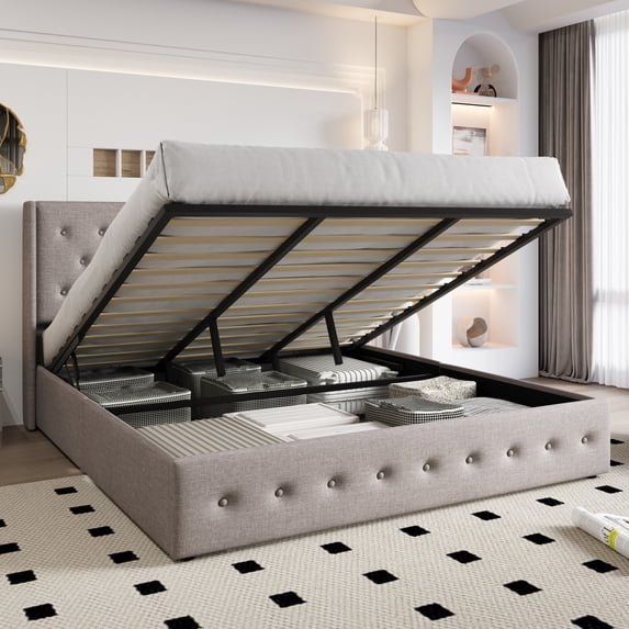 Einfach King Size Lift up Platform Storage Bed Frame with Fabric Upholstered Wingback Button Tufted Headboard, Beige