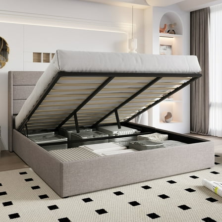 Einfach King Size Lift up Platform Storage Bed Frame with Fabric Upholstered Wingback Panel Headboard, Beige