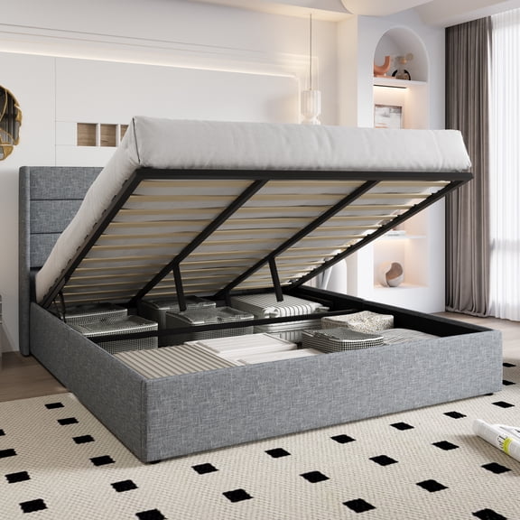 Einfach King Size Lift up Platform Storage Bed Frame with Fabric Upholstered Wingback Panel Headboard, Blue Gray