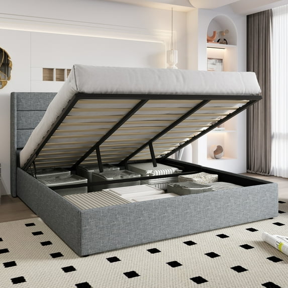 Einfach King Size Lift up Platform Storage Bed Frame with Fabric Upholstered Wingback Panel Headboard, Blue Gray