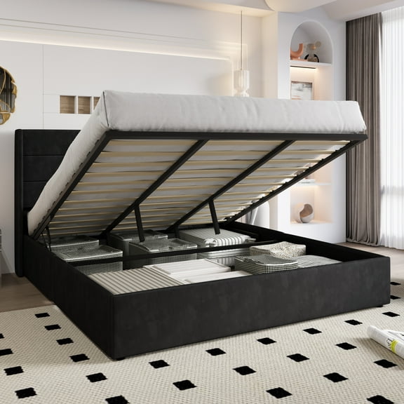 Einfach King Size Lift up Platform Storage Bed Frame with Velvet Upholstered Wingback Panel Headboard, Black