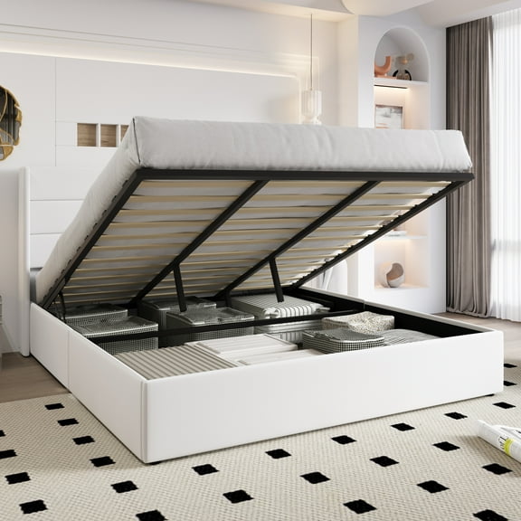 Einfach King Size Lift up Platform Storage Bed Frame with Velvet Upholstered Wingback Panel Headboard, White