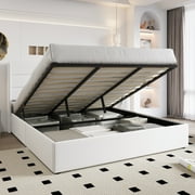 Einfach King Size Lift up Platform Storage Bed Frame with Velvet Upholstered Wingback Panel Headboard, White
