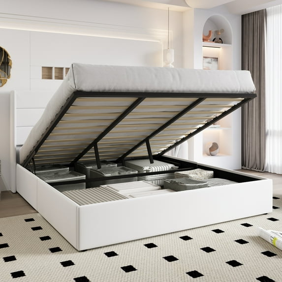 Einfach King Size Lift up Platform Storage Bed Frame with Velvet Upholstered Wingback Panel Headboard, White