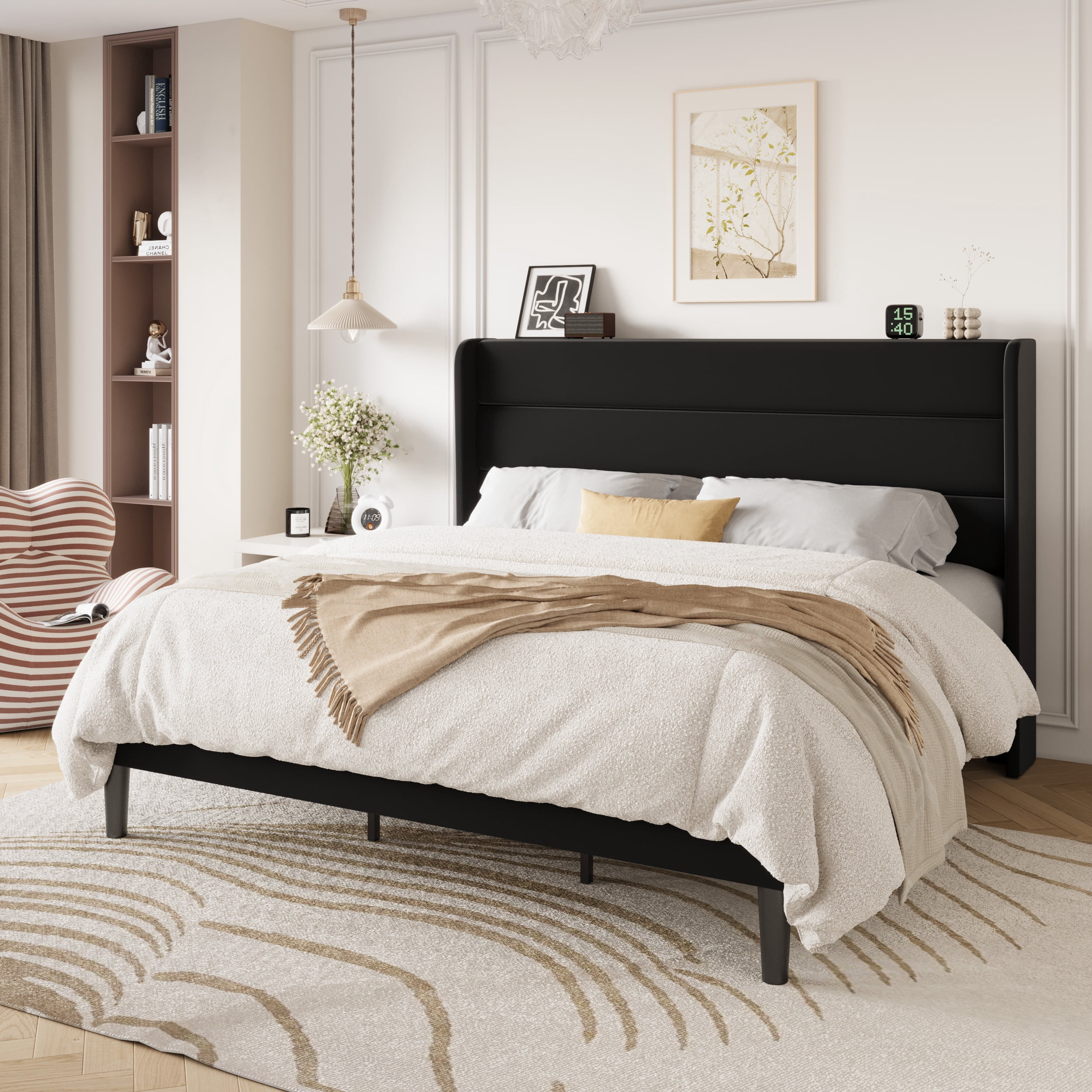 Einfach King Size Luxury Velvet Upholstered Platform Bed Frame with Wingback Headboard, Black