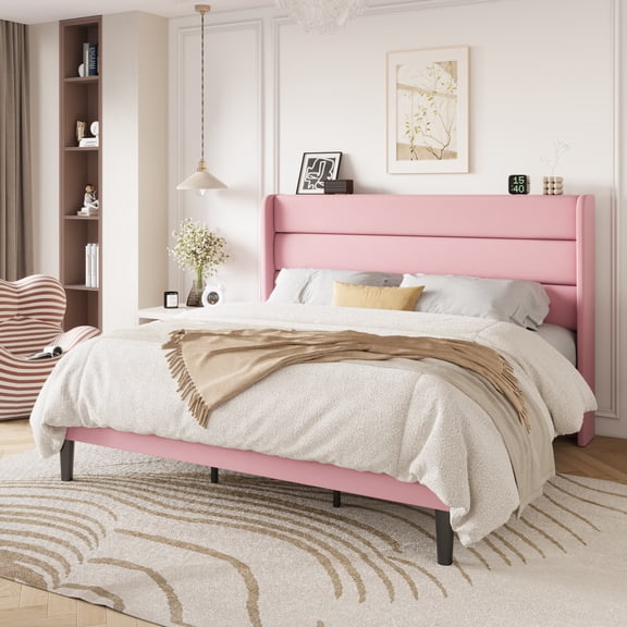 Einfach King Size Luxury Velvet Upholstered Platform Bed Frame with Wingback Headboard, Pink