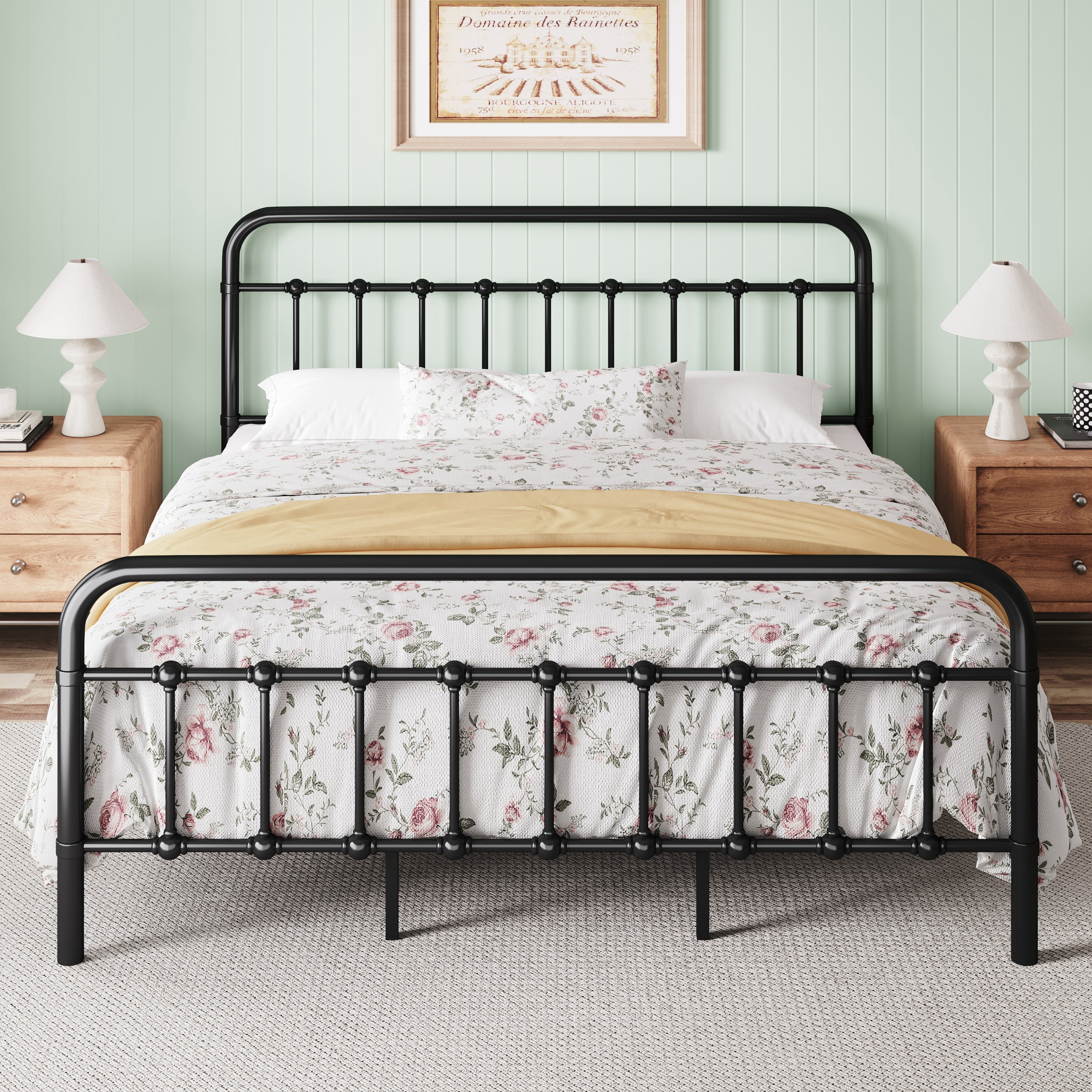Einfach King Size Metal Bed Frame with Victorian Vintage Headboard, 12.4" Under-bed Storage Space, Black