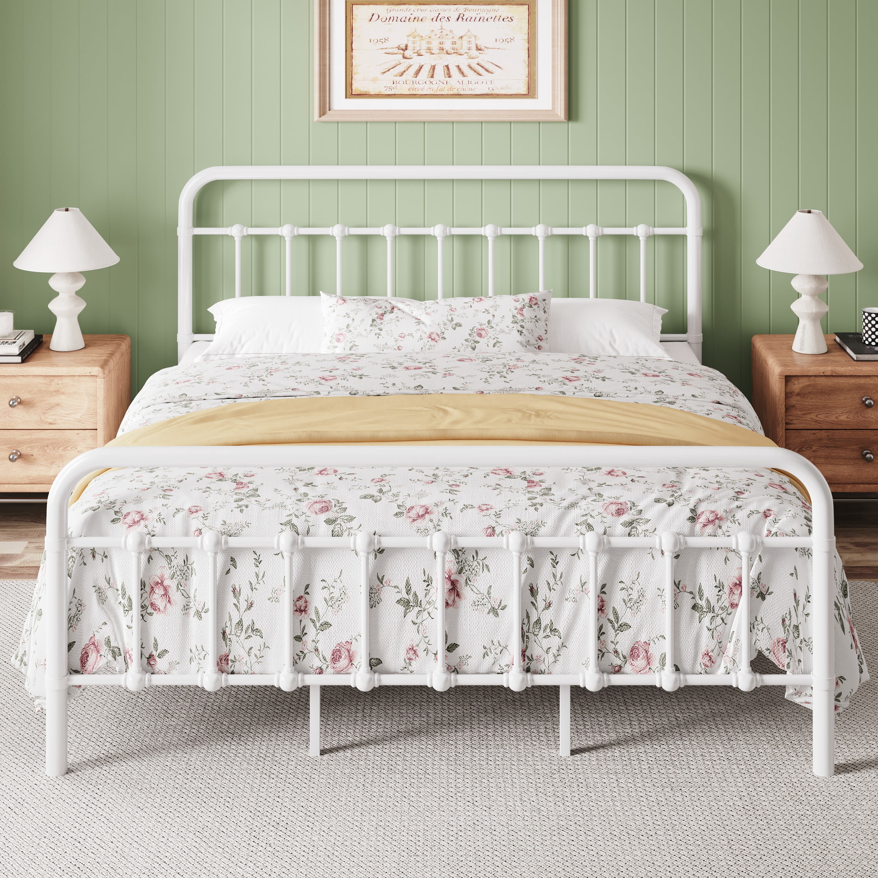 Einfach King Size Metal Bed Frame with Victorian Vintage Headboard, 12.4" Under-bed Storage Space, White