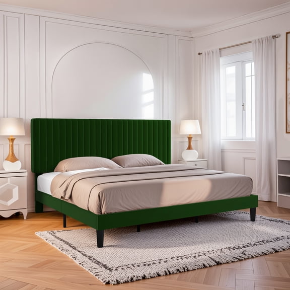 Einfach King Size Platform Bed Frame with Upholstered Adjustable Velvet Vertical Tufted Headboard, Green