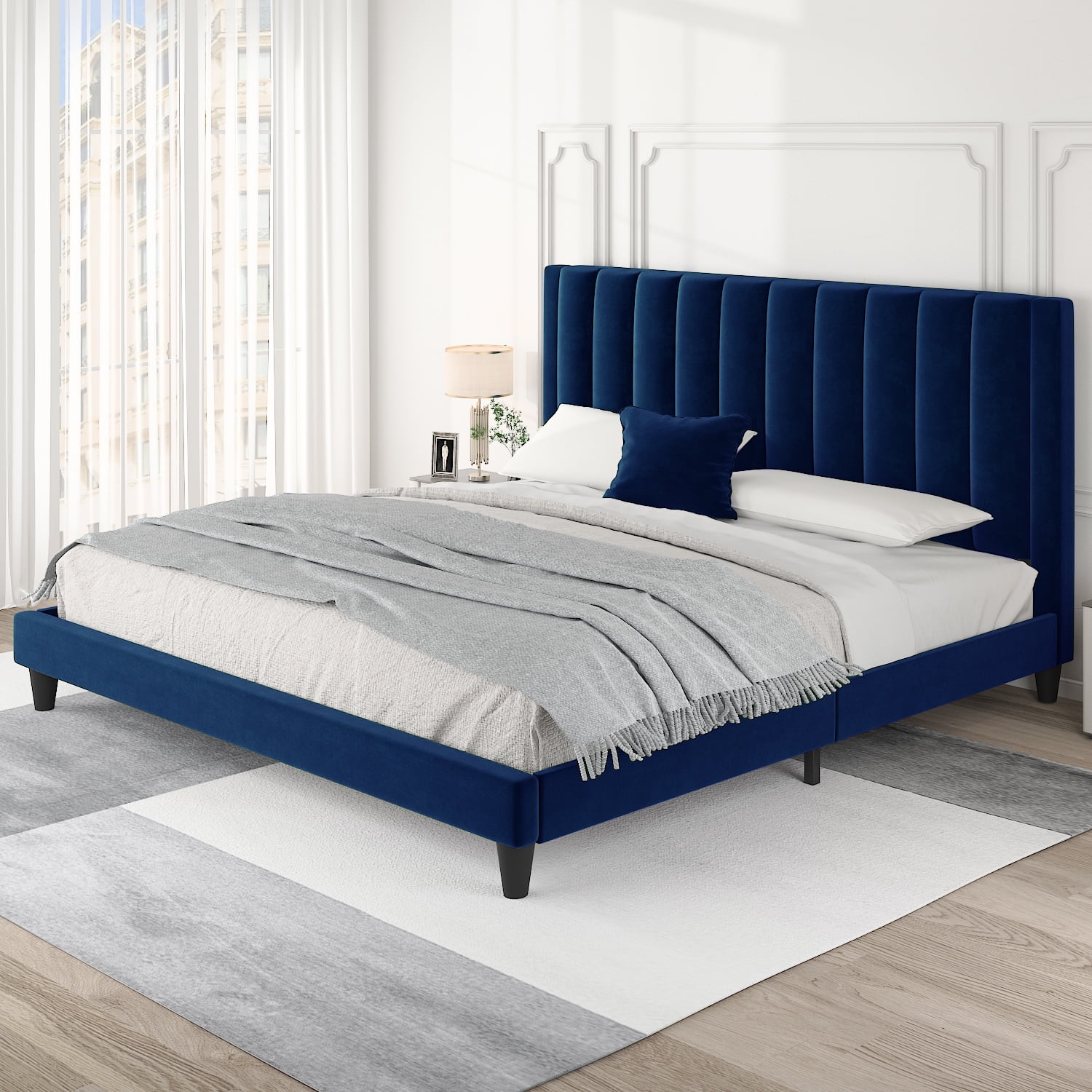 Einfach King Size Platform Bed Frame with Upholstered Velvet Vertical Headboard, Blue