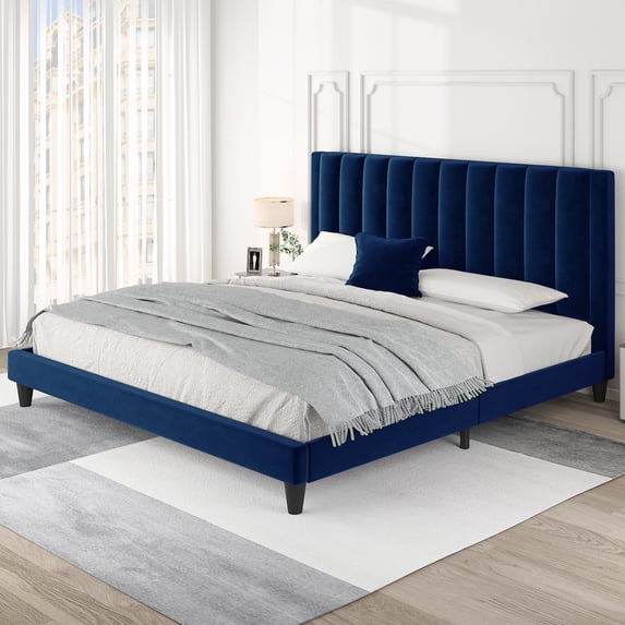 Einfach King Size Platform Bed Frame with Upholstered Velvet Vertical Headboard, Blue