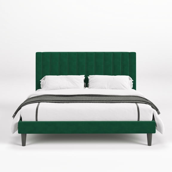 Einfach King Size Platform Bed Frame with Upholstered Velvet Vertical Headboard, Green