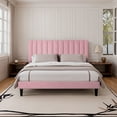 thumbnail image 1 of Einfach King Size Platform Bed Frame with Upholstered Velvet Vertical Headboard, Pink, 1 of 6