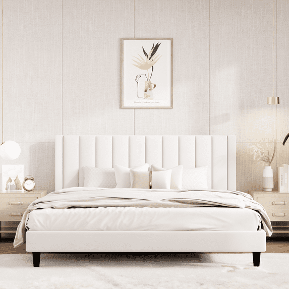 Einfach King Size Platform Bed Frame with Upholstered Velvet Vertical Headboard, White
