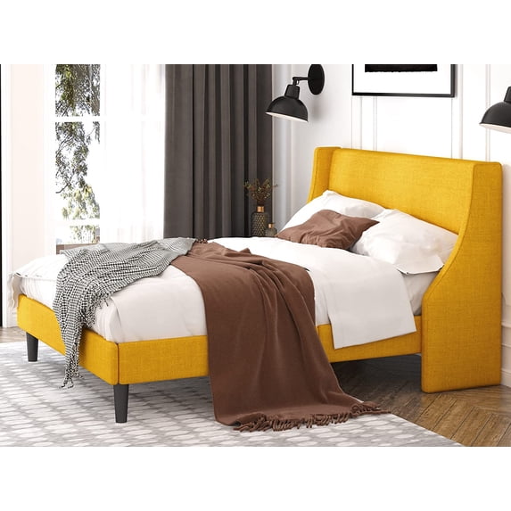 Einfach King Size Platform Bed Frame with Upholstered Wingback Headboard, Light Yellow
