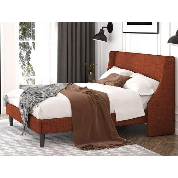 Einfach King Size Platform Bed Frame with Wingback Headboard, Burnt Orange
