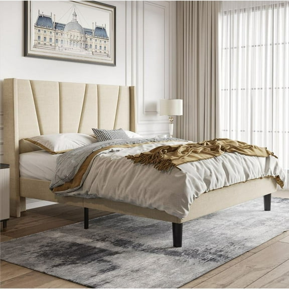 Einfach King Bed Frame, Upholstered Platform Bed with Wingback and Geometric Headboard, Beige
