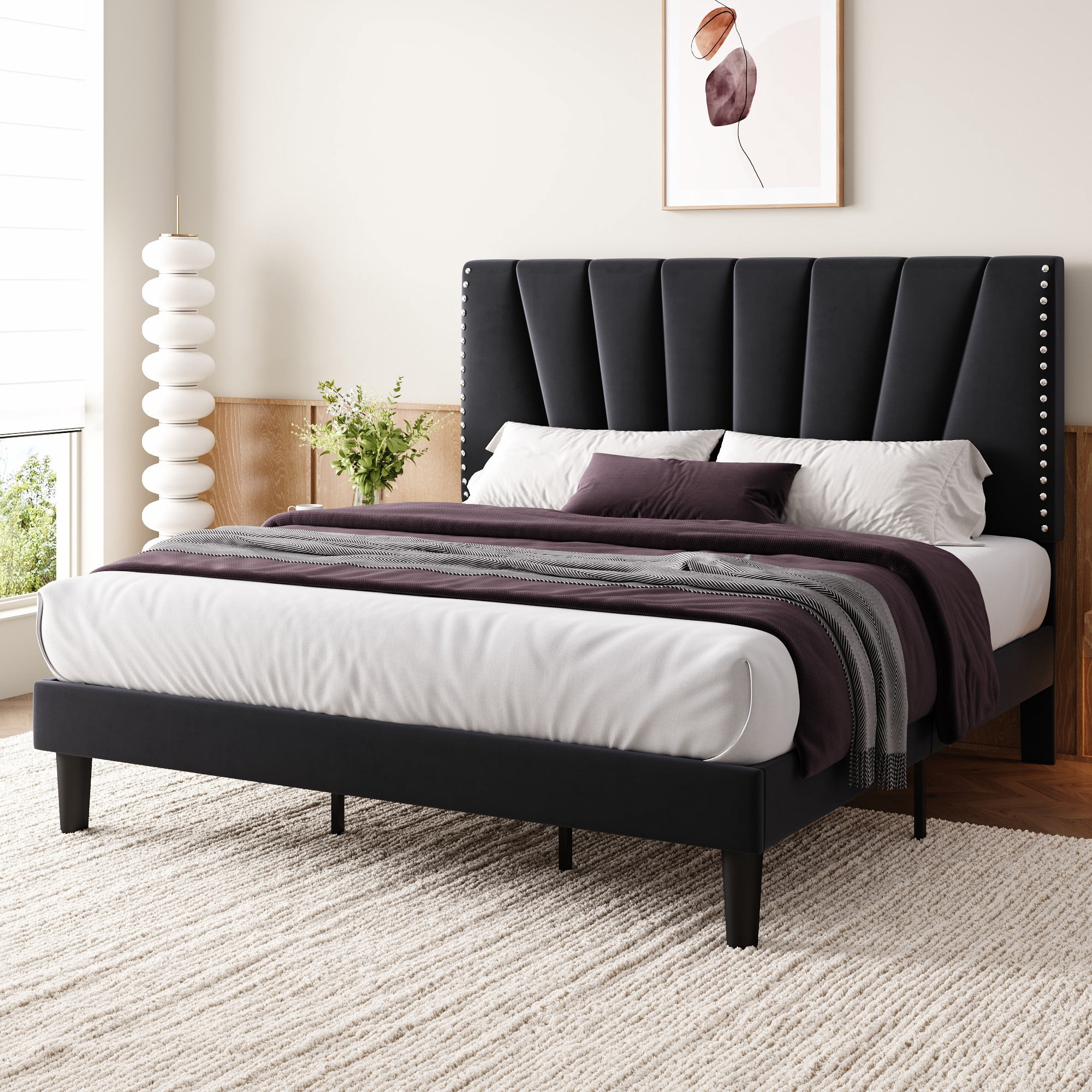 Einfach King Size Premium Velvet Upholstered Platform Bed Frame with Adjustable Headboard,Under-Bed Storage,Heavy-Duty Metal Support, Noise-Free Slats, Black