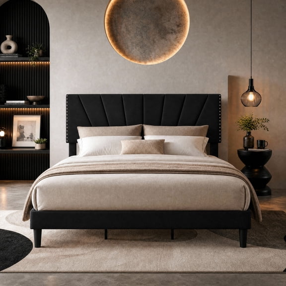 Einfach King Size Upholstered Bed Frame, Velvet Platform Bed Frame with Adjustable Headboard, Under Bed Storage, Heavy Duty Metal Support, Black