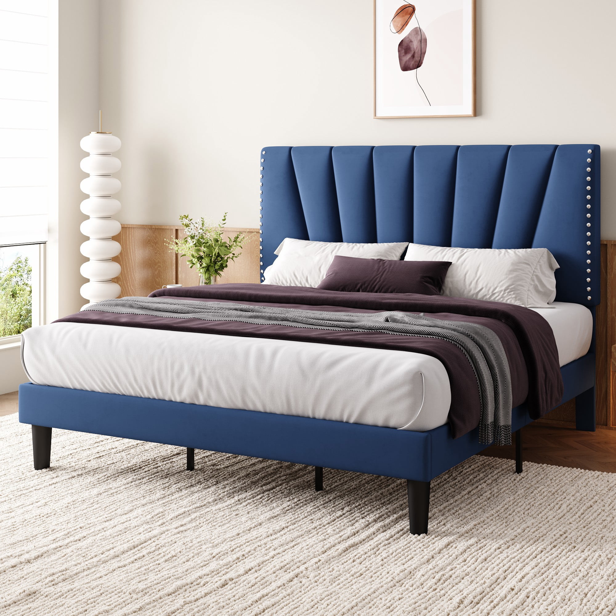 Einfach King Size Premium Velvet Upholstered Platform Bed Frame with Adjustable Headboard,Under-Bed Storage,Heavy-Duty Metal Support, Noise-Free Slats, Blue