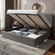 Einfach King Size Storage Bed Frame, Lift Up Velvet Platform Bed with Adjustable Upholstered Headboard, No Box Spring Needed, Gray