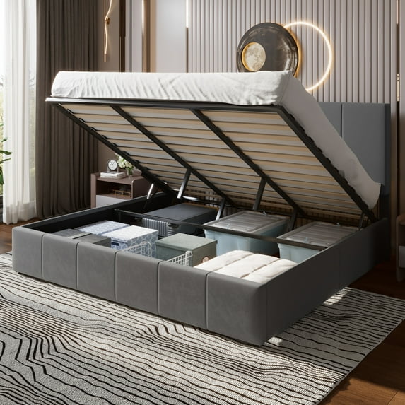 Einfach King Size Storage Bed Frame, Lift Up Velvet Platform Bed with Adjustable Upholstered Headboard, No Box Spring Needed, Gray