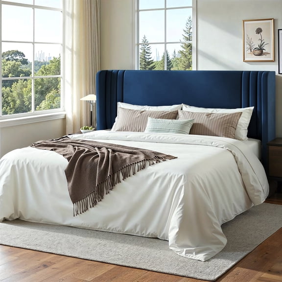 Einfach King Size Upholstered Bed Frame, Platform Bed with Velvet Wingback Headboard, Blue