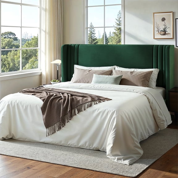 Einfach King Size Upholstered Bed Frame, Platform Bed with Velvet Wingback Headboard, Green