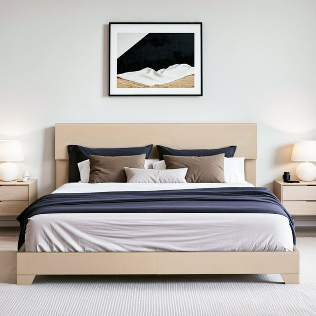 Einfach King Size Beige Fabric Upholstered Bed Frame with Adjustable Headboard, No Box Spring Needed, Low