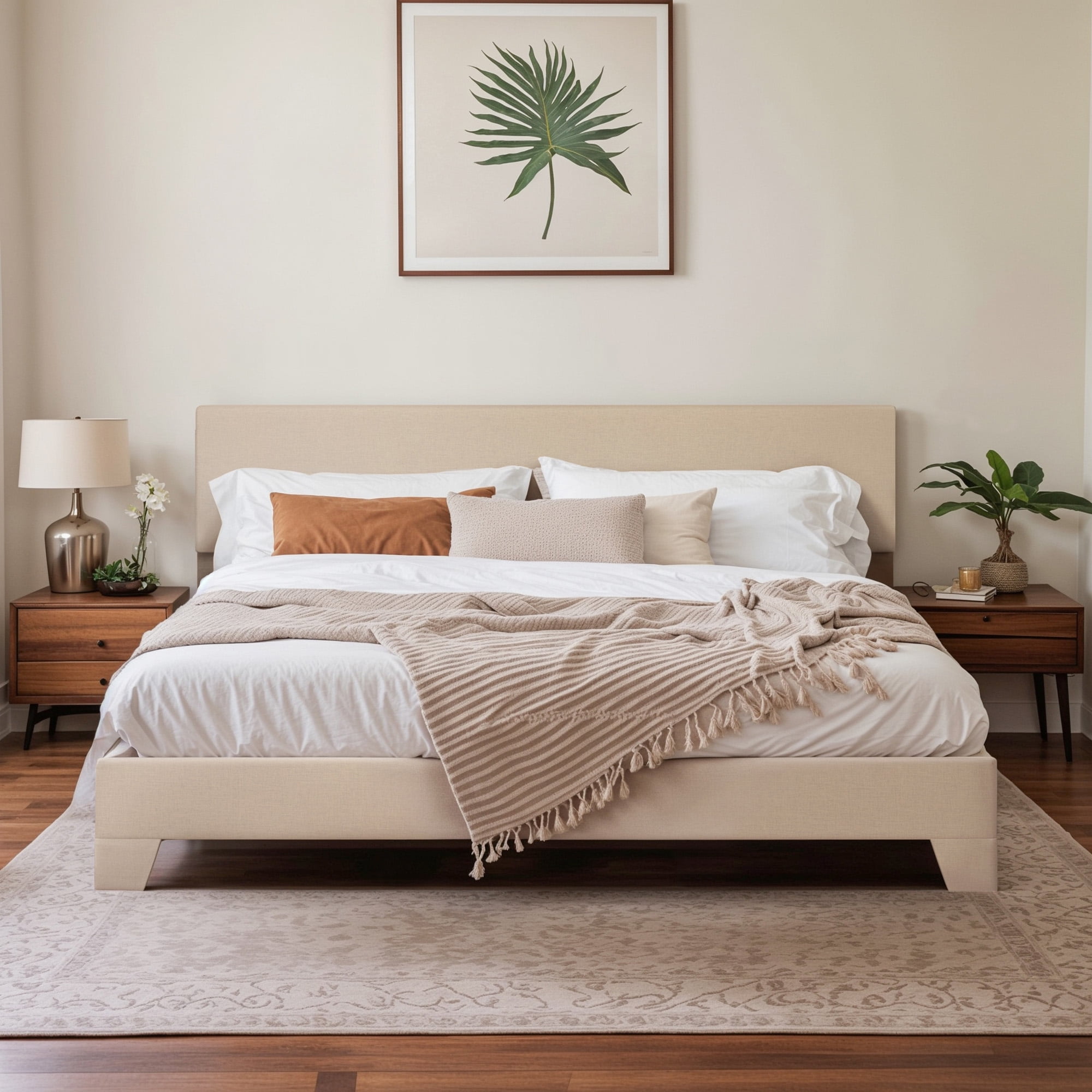 Einfach King Size Beige Fabric Upholstered Bed Frame with Adjustable Headboard, No Box Spring Needed, Low