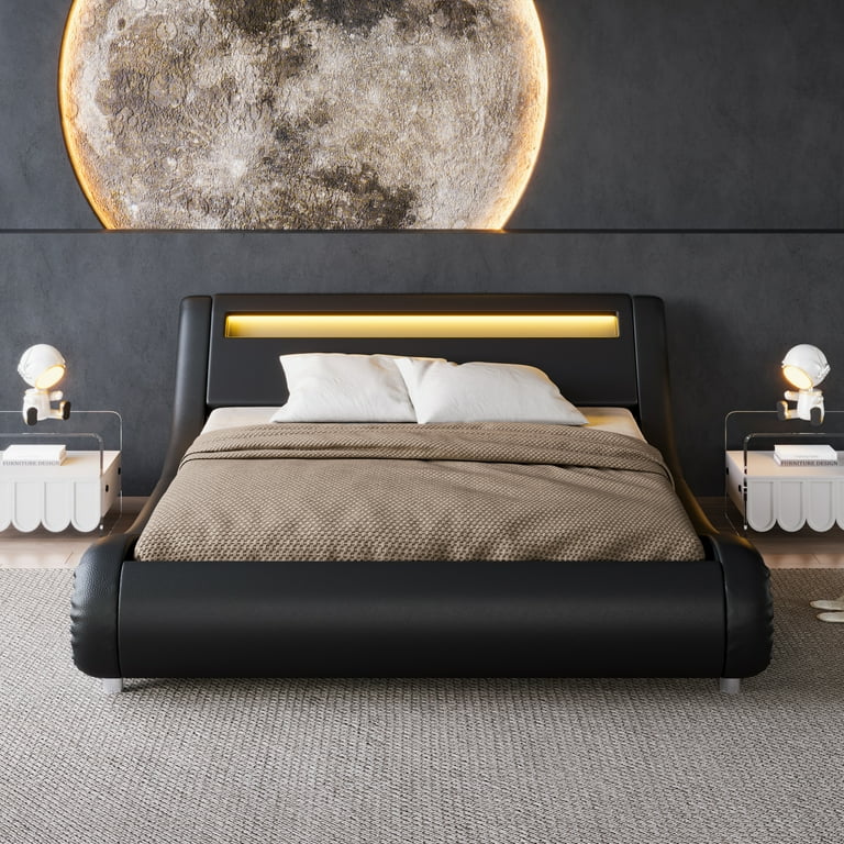 Einfach LED Sleigh Bed with Functional Headboard Faux Leather No Box Spring Needed Black Full