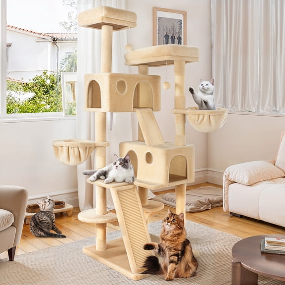 Einfach 65.7" Large Cat Tree and Tower for Cats, Condo House with Hammock, 2 Scratching Boards & 5 Scratching Posts, Beige