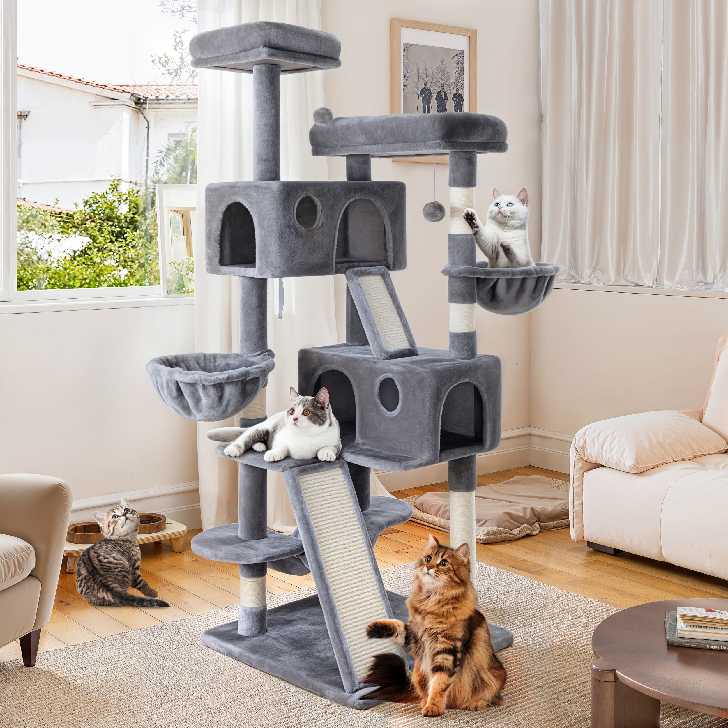 Einfach 65.7" Large Cat Tree and Tower for Cats, Condo House with Hammock, 2 Scratching Boards & 5 Scratching Posts, Gray