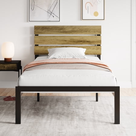 Einfach Metal Bed Frames with 3-Panel MDF Headboard, Twin, Light Brown