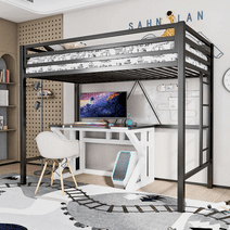 Einfach Metal Loft Bed Twin Size, Safety Guard & Removable Ladder, Black
