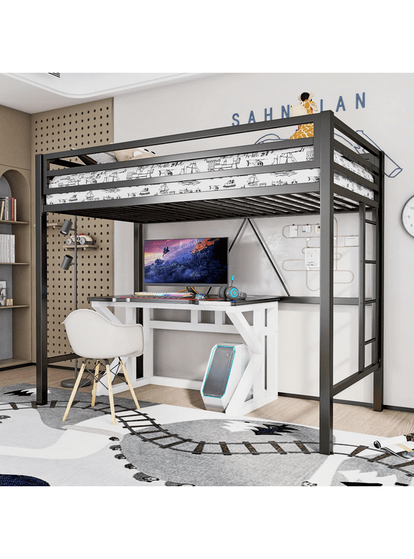 Einfach Metal Loft Bed Twin Size, Safety Guard & Removable Ladder, Black